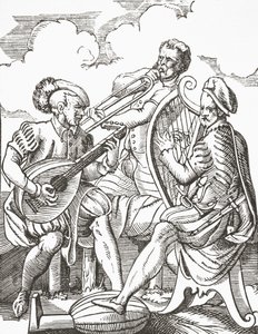 Músicos alemanes tocando el laúd y la guitarra, 1878 de English School